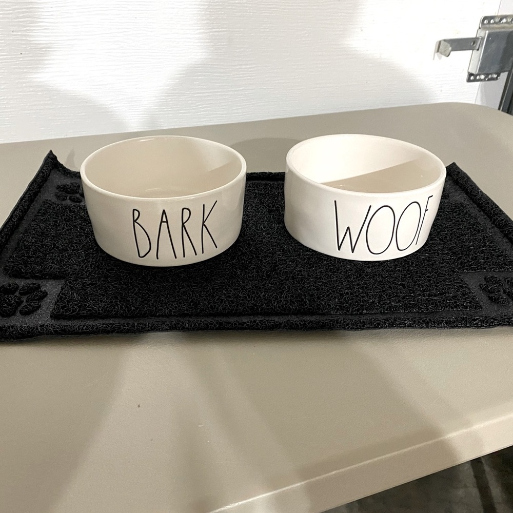 Rae Dunn Dog Bowls and Dry Mat